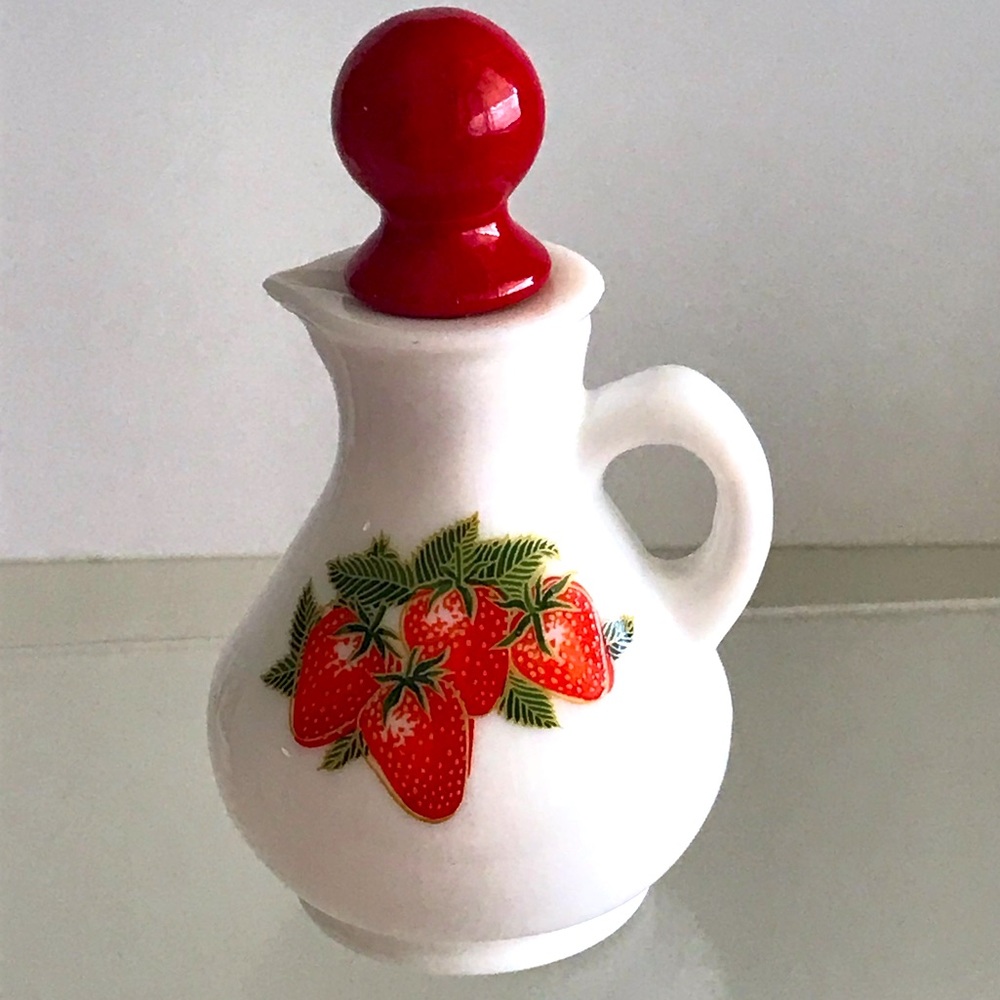 AVON Strawberries Small Milk Glass Decanter/Pitcher with Cork Stopper - RETRO